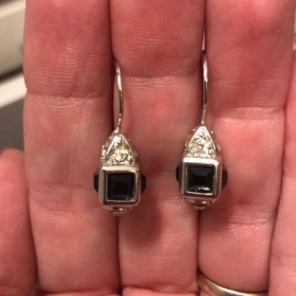 Silver earrings with black and clear rhinestones